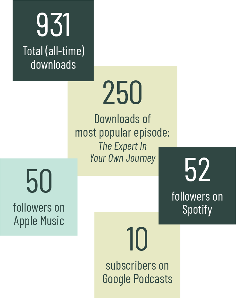 931-tota;(all-time)downloads 250-downloads of most popular episode-the expert in your own Journey 50-followers on Apple Music 52-Followers on spotify 10-subscribers 0n google podcasts